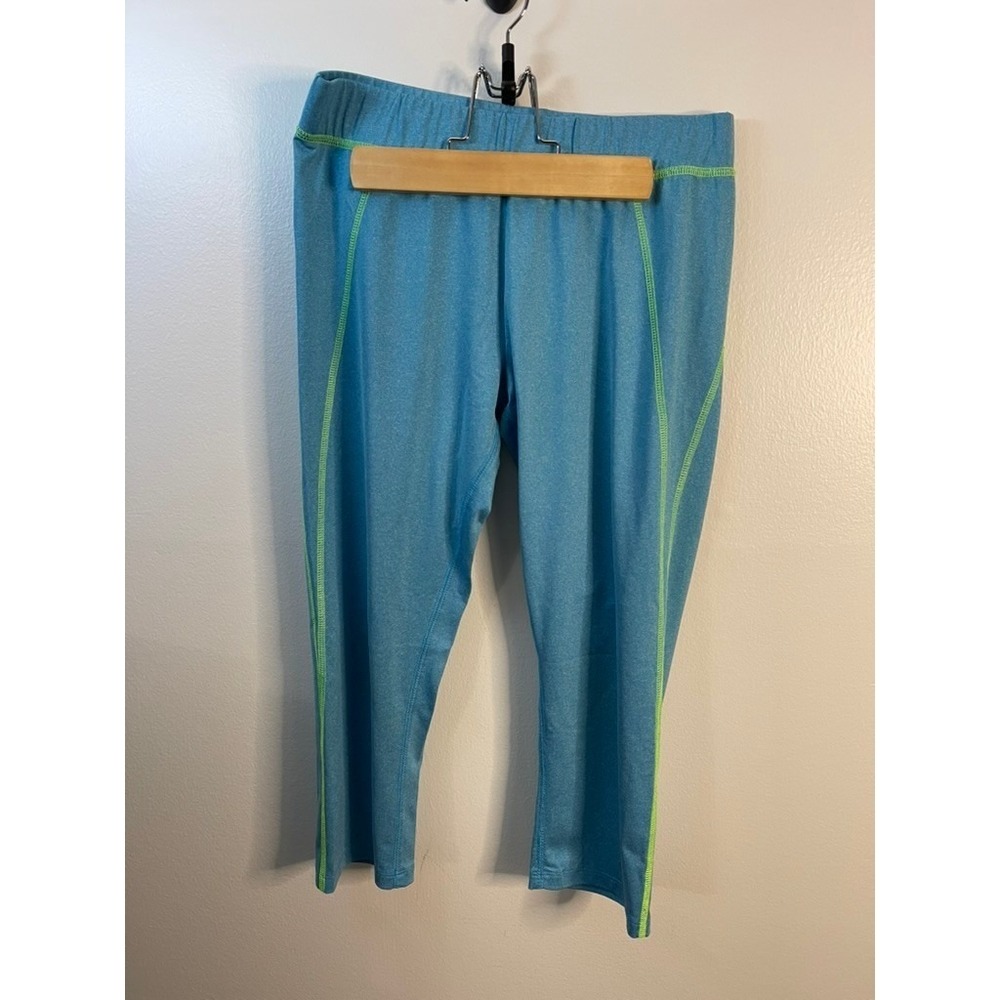 SO Girls Blue Heathered Cropped Athletic Leggings Neon Green Stitching Size 16